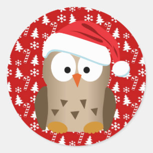 Pegatina Redonda Lechuza navidad con Santa Hat