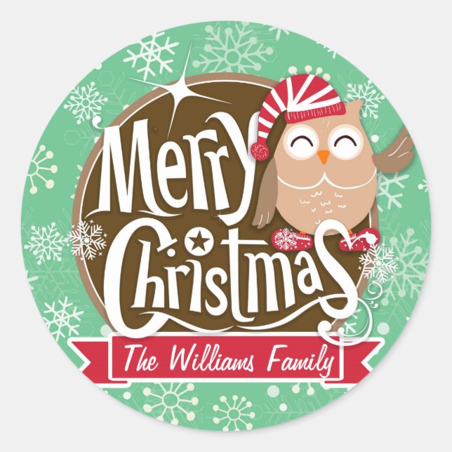Pegatina Redonda Lechuza navidad; Invierno; Copos de nieve verdes y (Anverso)