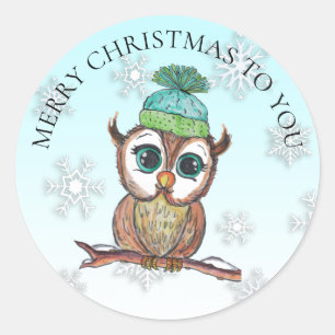 Pegatina Redonda Lechuza navidad sentada en Branch Holiday