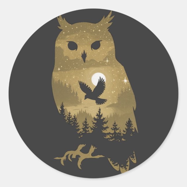 Pegatina Redonda Lechuza nocturna Silhouette (Anverso)