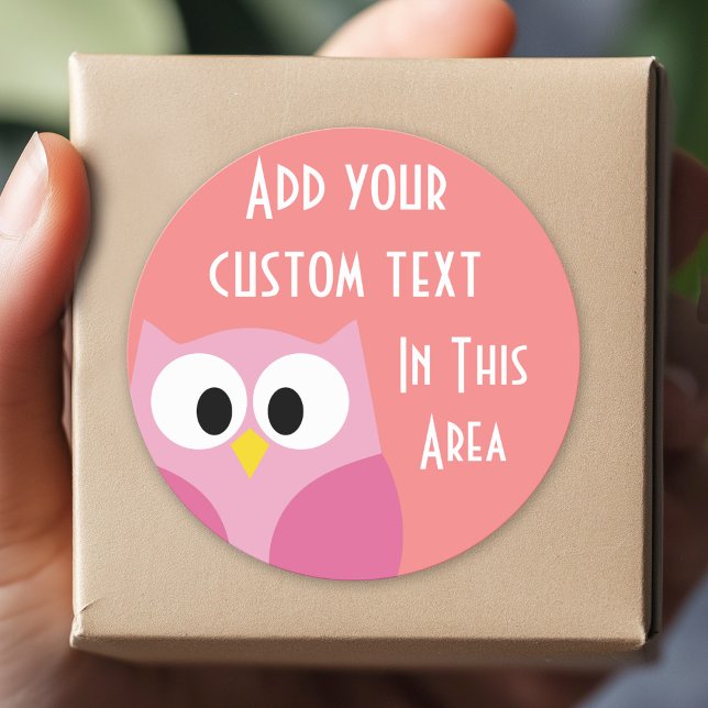 Pegatina Redonda Lechuza Personalizado en rosa y coral (Custom Sticker for Party Favors and Envelopes)