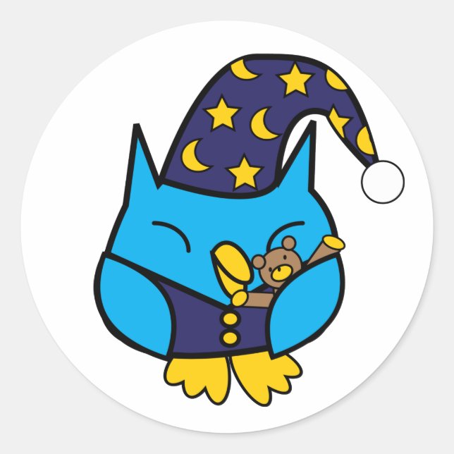 Pegatina Redonda Lechuza Sleepy Teddy Bear Azul (Anverso)