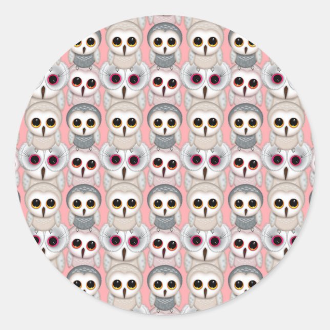 Pegatina Redonda Lechuzas bebés en modelo rosado (Anverso)