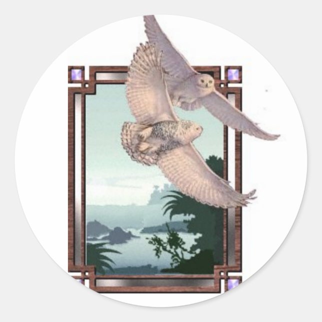 Pegatina Redonda Lechuzas Snowy (Anverso)