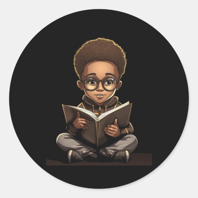 Pegatina Redonda Lector afroamericano de lectura de libros (Anverso)