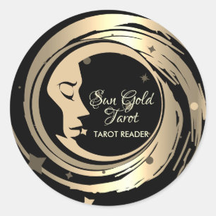 Pegatina Redonda Lector de Tarot Estrellas Doradas Luna