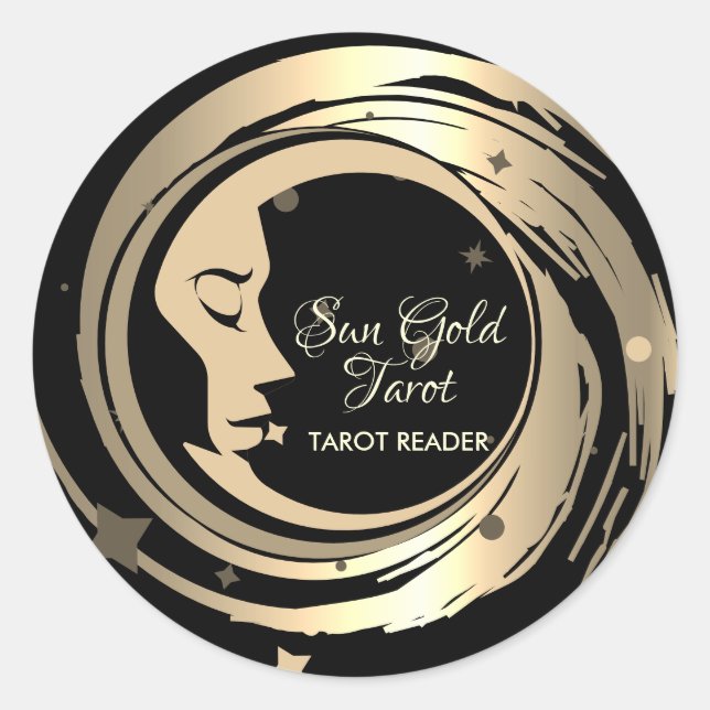 Pegatina Redonda Lector de Tarot Estrellas Doradas Luna (Anverso)