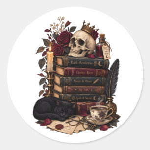 Pegatina Redonda Lector gótico de literatura Calavera y rosas