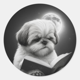 Pegatina Redonda Lectura de libro Shih Tzu