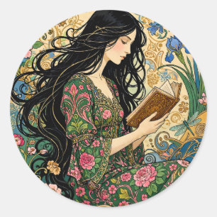Pegatina Redonda Lectura en el jardín Art Nouveau 