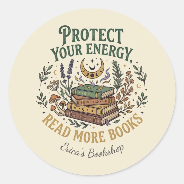 Pegatina Redonda Lee Más Libros Protege Tu Energía Celestial (Anverso)