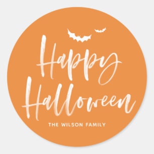 Pegatina Redonda Leer el pincel Feliz Halloween   Naranja Gracias