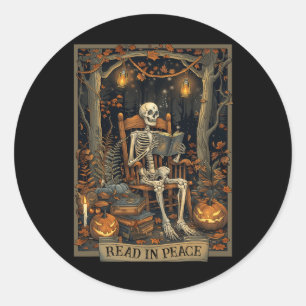 Pegatina Redonda Leer en paz Skeleton Halloween Leer Libros Prohibi
