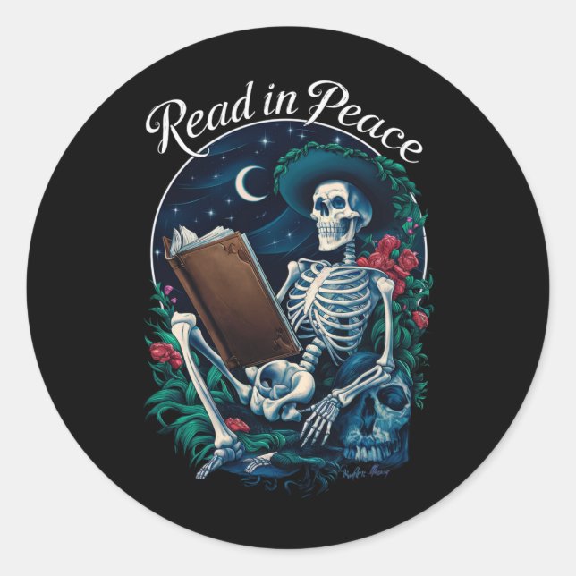 Pegatina Redonda Leer en paz Skeleton Leer libro Lover Bookish (Anverso)