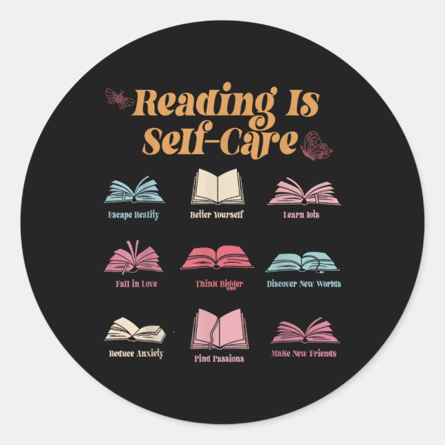 Pegatina Redonda Leer es auto-cuidado, Libro Salud Mental S Awarene (Anverso)