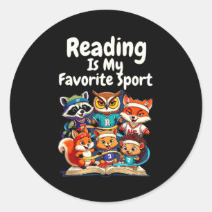 Pegatina Redonda Leer es el deporte favorito de animales divertidos