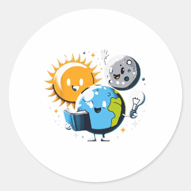 Pegatina Redonda Leer libro de lectura Luna Tierra Sol divertida Ec (Anverso)