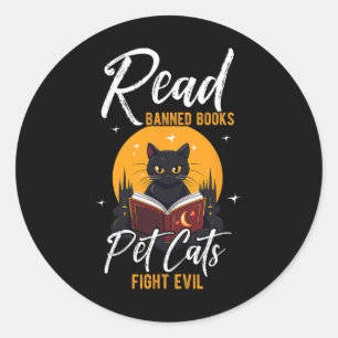 Pegatina Redonda Leer Libros Prohibidos Mascotas Gatos Luchan Contr