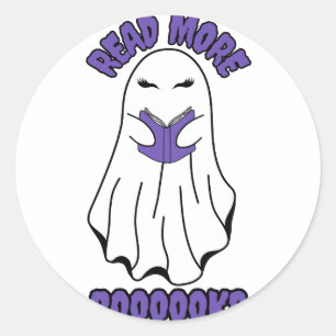 Pegatina Redonda Leer más libros Halloween Ghost Purple