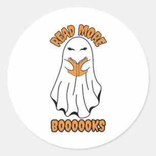 Pegatina Redonda Leer más Libros Naranja fantasma de Halloween