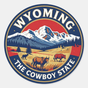 Pegatina Redonda Legado de Montaña del Estado Vaquero de WYOMING