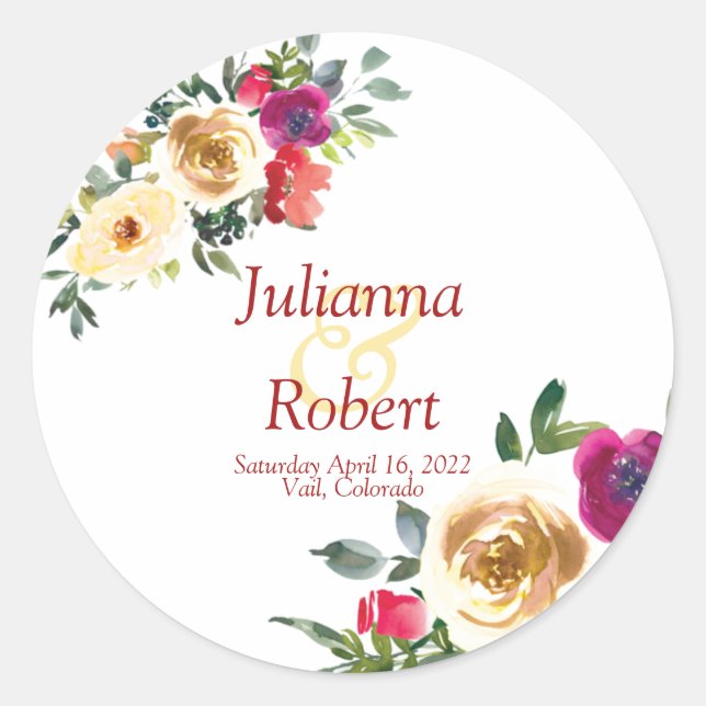 Pegatina Redonda Lemón acuarela y magenta bodas florales clásicos (Anverso)