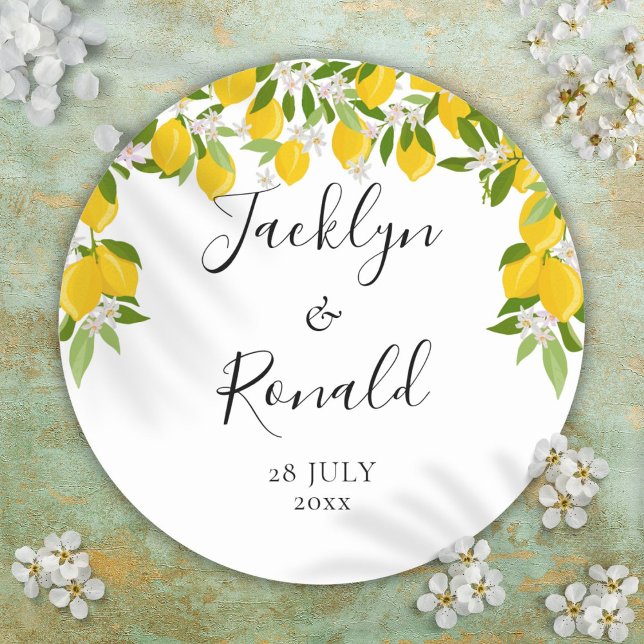 Pegatina Redonda Lemon Blossom Greenery Boda (Lemon Blossom Greenery Wedding Classic Round Sticker)