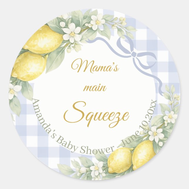Pegatina Redonda Lemon blue gingham mama's main squeeze Baby Shower (Anverso)