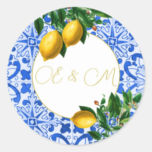 Pegatina Redonda Lemon Boda Blue Tile Monograma