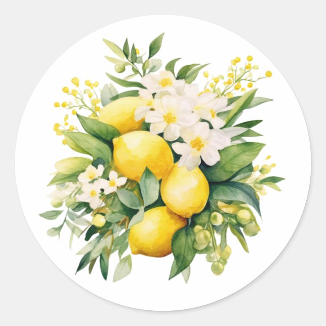 Pegatina Redonda Lemon Bouquet with White Blossoms (Anverso)