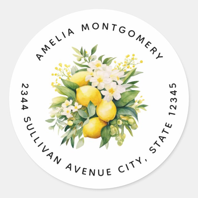 Pegatina Redonda Lemon Bouquet with White Blossoms - Address (Anverso)