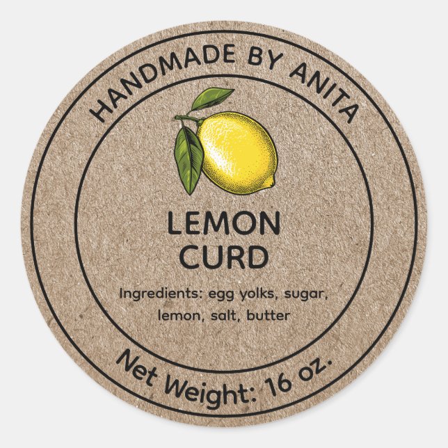 Pegatina Redonda Lemon Curd Jelly Jar Label Kraft Paper Style (Anverso)