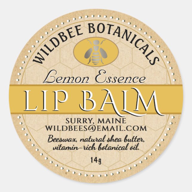 Pegatina Redonda Lemon Essence Kraft Beeswax Lip Balm Doted Border (Anverso)