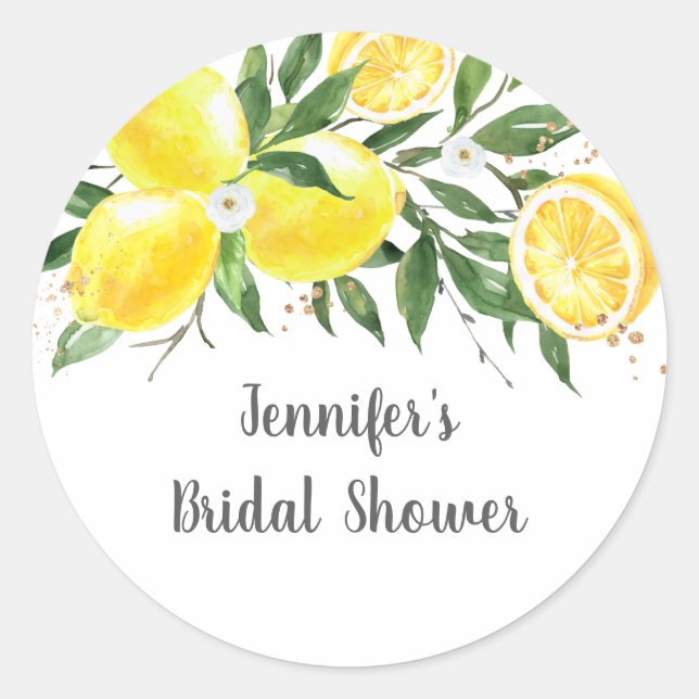 Pegatina Redonda Lemon Greenery Gold Bridal Shower (Anverso)