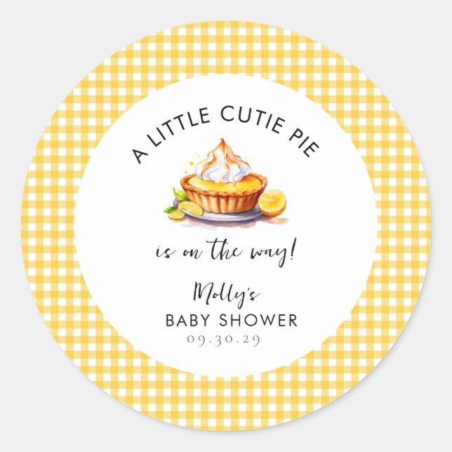 Pegatina Redonda Lemon Little Cutie Pie Gingham Baby Shower (Anverso)