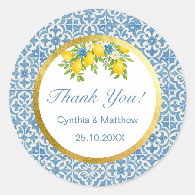 Pegatina Redonda Lemon Mediterráneo y Baldosa Azul (Anverso)