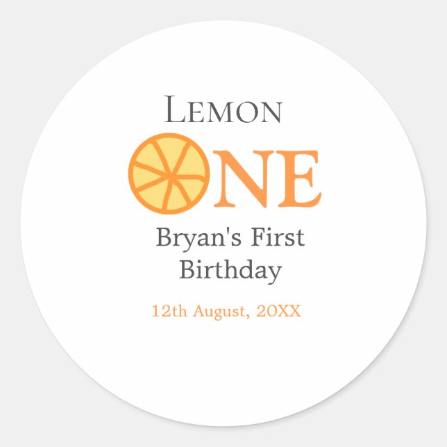 Pegatina Redonda Lemon one feliz primer cumpleaños naranja retro gr (Anverso)