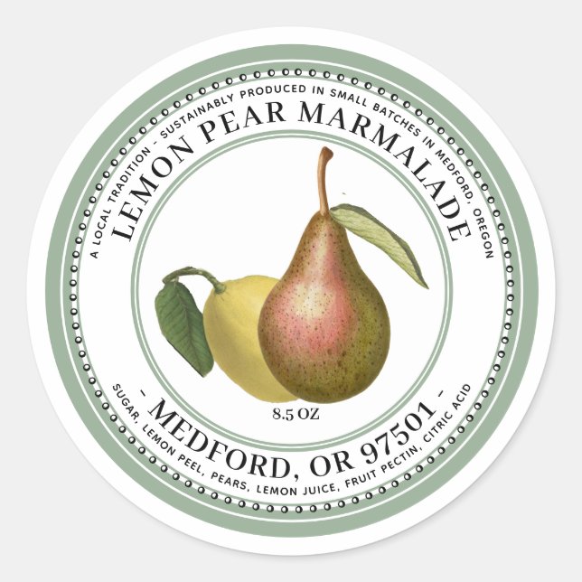 Pegatina Redonda LEMON PEAR Marmalade 1930 Vintage Green (Anverso)