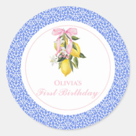 Pegatina Redonda Lemon Pink Bow preppy primer cumpleaños