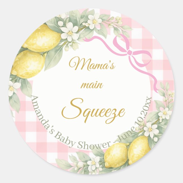 Pegatina Redonda Lemon pink gingham mama's main squeeze Baby Shower (Anverso)