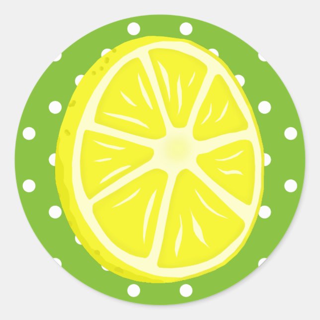 Pegatina Redonda Lemon Slice, puntos de Polka verde y blanco (Anverso)