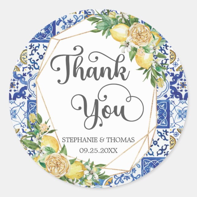 Pegatina Redonda Lemon Verde Mosaico Mediterráneo Baldosas Boda (Anverso)