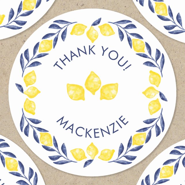 Pegatina Redonda Lemon Watercolor Gracias Personalizado (Lemon citrus watercolor yellow blue and white personalized name thank you sticker)