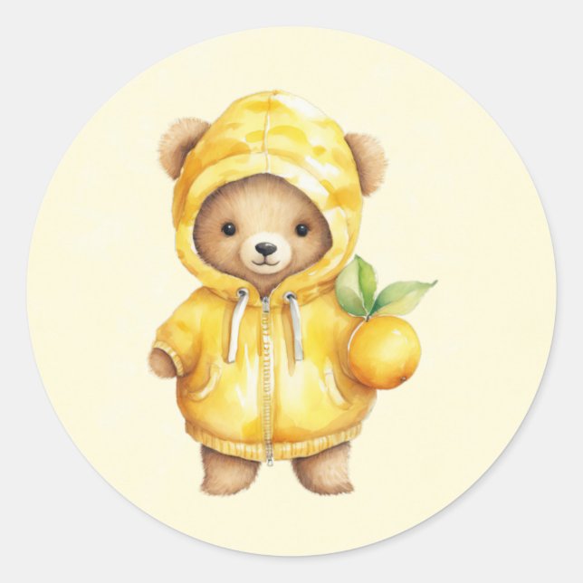 Pegatina Redonda Lemon Yellow Cute Teddy Bear Baby Shower (Anverso)