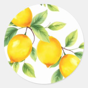 Pegatina Redonda Lemones acuarelas con hojas verdes