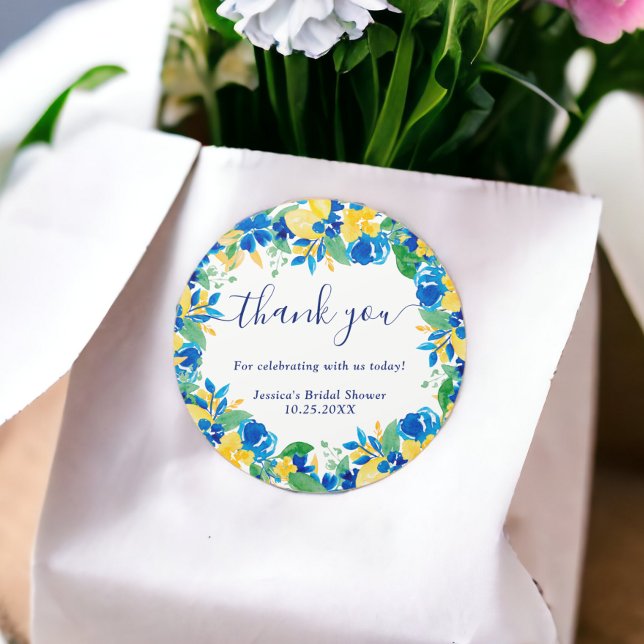 Pegatina Redonda Lemones amarillos azules acuarela floral ducha de  (Blue yellow lemons floral watercolor bridal shower classic round sticker)