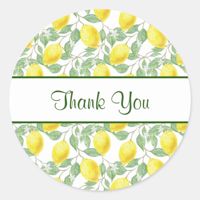 Pegatina Redonda Lemones amarillos con patrón de hojas verdes graci (Anverso)