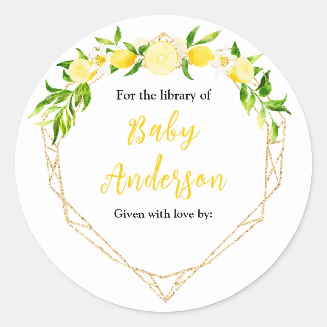 Pegatina Redonda Lemons and Foliage Baby Shower Bookplate (Anverso)