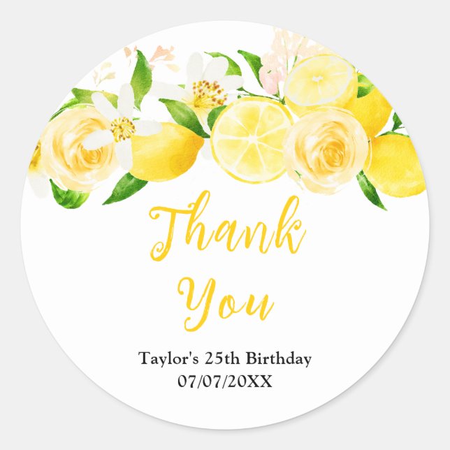 Pegatina Redonda Lemons and Foliage Birthday Party Thank You (Anverso)