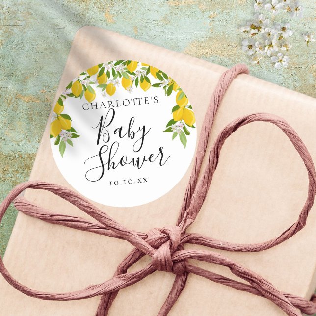 Pegatina Redonda Lemons Blossom Greenery Baby Shower (Subido por el creador)